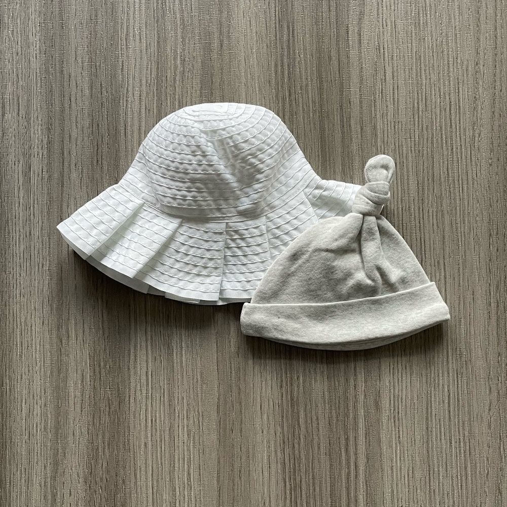 NWT Janie and Jack Pleated Sun Hat and NWT Knot Beanie White & Grey 0-3 Months